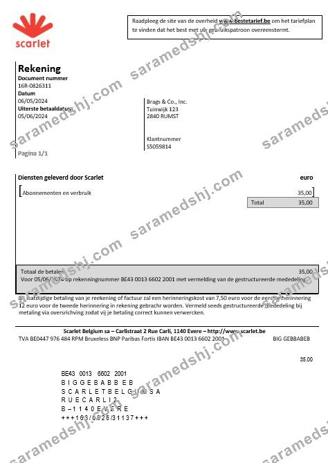 Belgium Scarlet business utility bill template in Word and PDF format